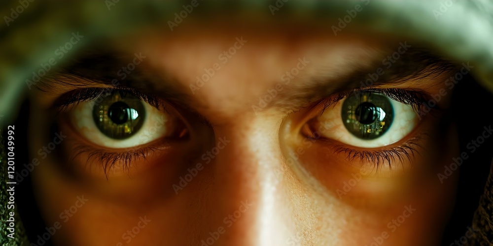 A close-up of a person's intense eyes, partially obscured by a hood, showcasing vivid green irises and strong emotion. Concept Close-Up Photography, Intense Emotions, Vivid Green Irises A close-up of a person's intense eyes, partially obscured by a hood, showcasing vivid green irises and strong emotion. Concept Close-Up Photography, Intense Emotions, Vivid Green Irises