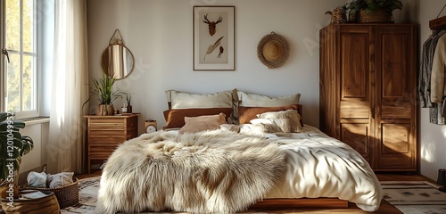 Cozy bohemian bedroom with a faux fur throw and earthy wooden furniture