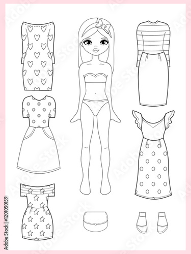 Paper doll clothes coloring page, book. Outline. Black and white. Fashion girl with clothes set, collection. Paper doll dress up, cutouts, cut out. Vector illustration. Paper doll printable . Stickers