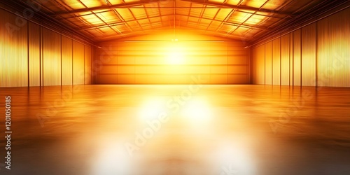 A large  empty warehouse with warm  golden light streaming in  creating a smooth reflection on the polished floor. Concept Warehouse Ambiance  Golden Light Reflection  Polished Floor Aesthetics