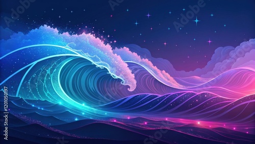 Celestial Ocean Waves A Dreamlike Nightscape of Glowing Blue and Pink Tides Under a Starlit Sky photo