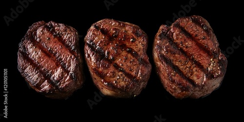 Grilled fillet mignon steaks on a black background showcasing rich brown tones with grill marks arranged in a row from top view