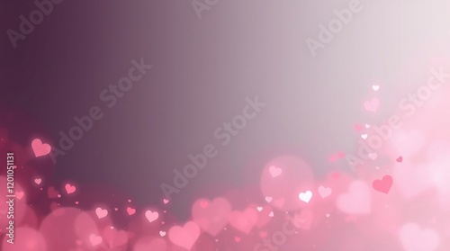 Sparkling Hearts: A delicate and romantic background featuring a gradient of soft pink and purple with a cluster of glowing heart-shaped bokeh lights.