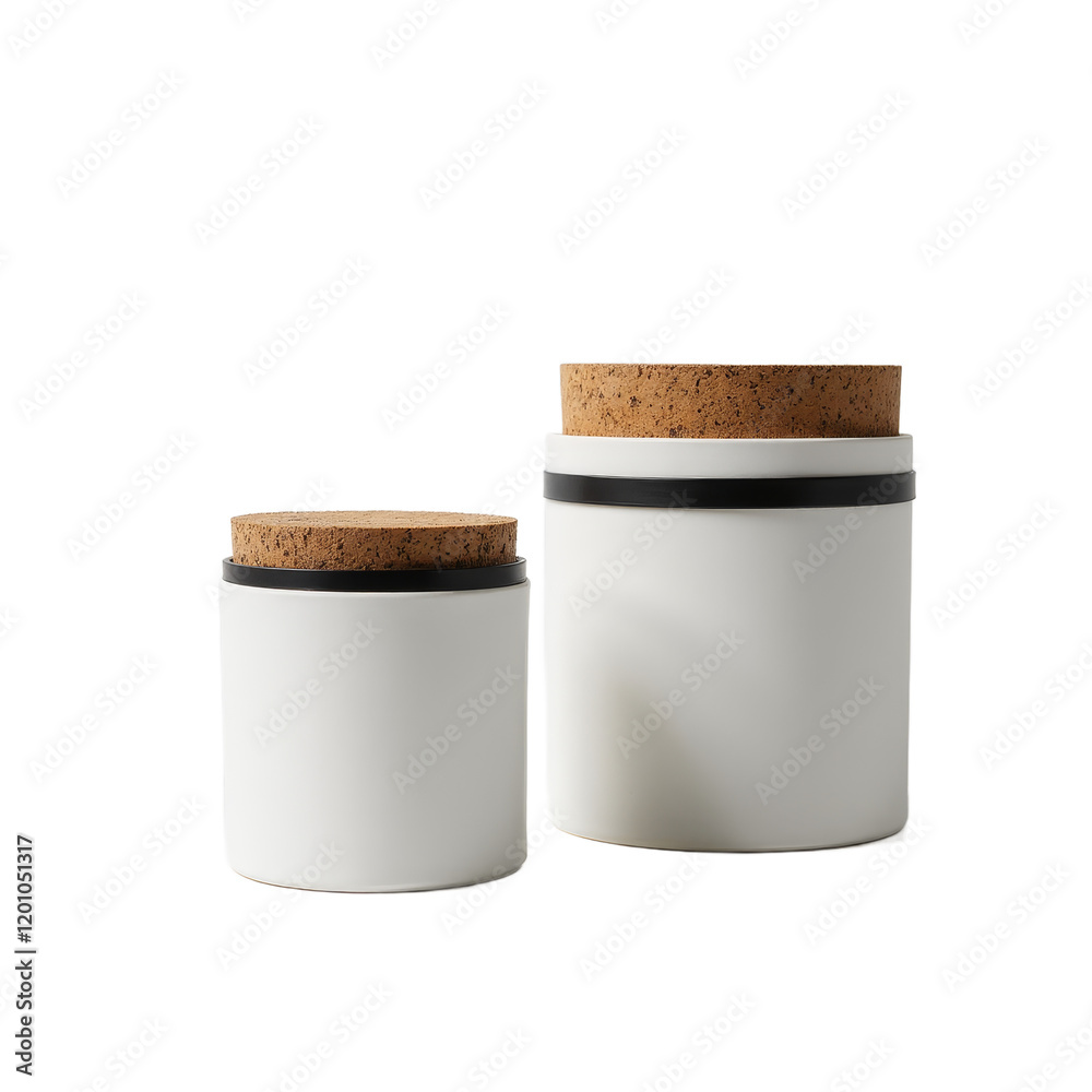 Two white canisters with cork lids and black trim transparent background Two white canisters with cork lids and black trim transparent background