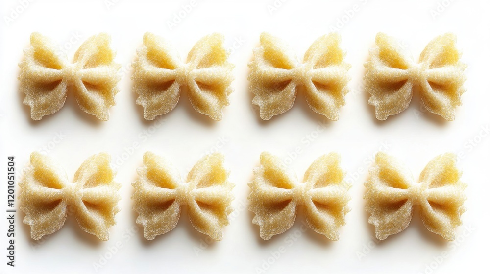 Raw farfalle pasta arranged in a grid pattern on a white background Raw farfalle pasta arranged in a grid pattern on a white background