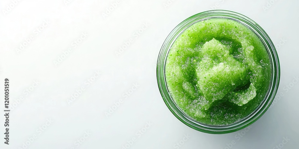 Obraz premium Homemade green body scrub in a glass jar centered on a white background with soft focus and ample space for text showcasing a SPA theme