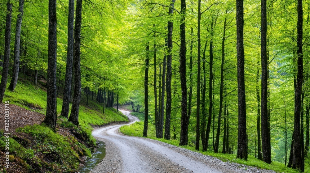 Obraz premium Winding Road Through Lush Forest