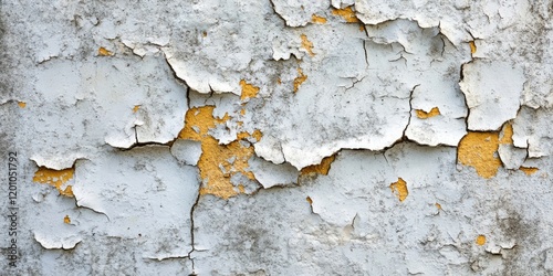 Cracked and peeling paint texture on concrete wall featuring white and yellow hues with irregular patterns and deep fissures prominently visible