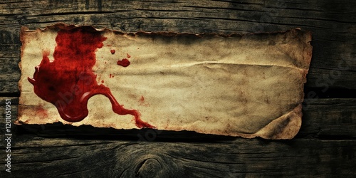 Closeup of a distressed wooden surface featuring a grim old note with a blood red stain on the left, creating a haunting Halloween theme.