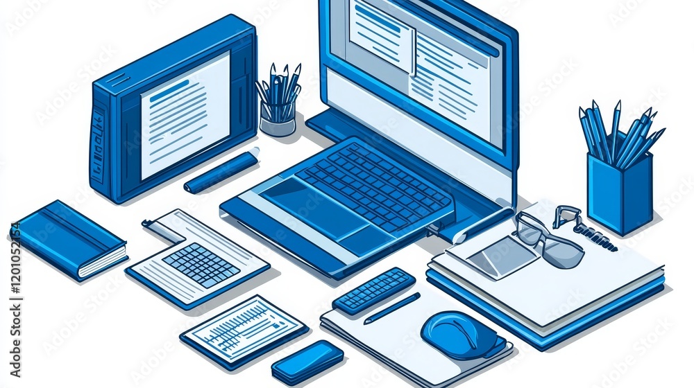 Modern Workplace Setup with Desktop and Laptop Computers and Office Supplies Modern Workplace Setup with Desktop and Laptop Computers and Office Supplies