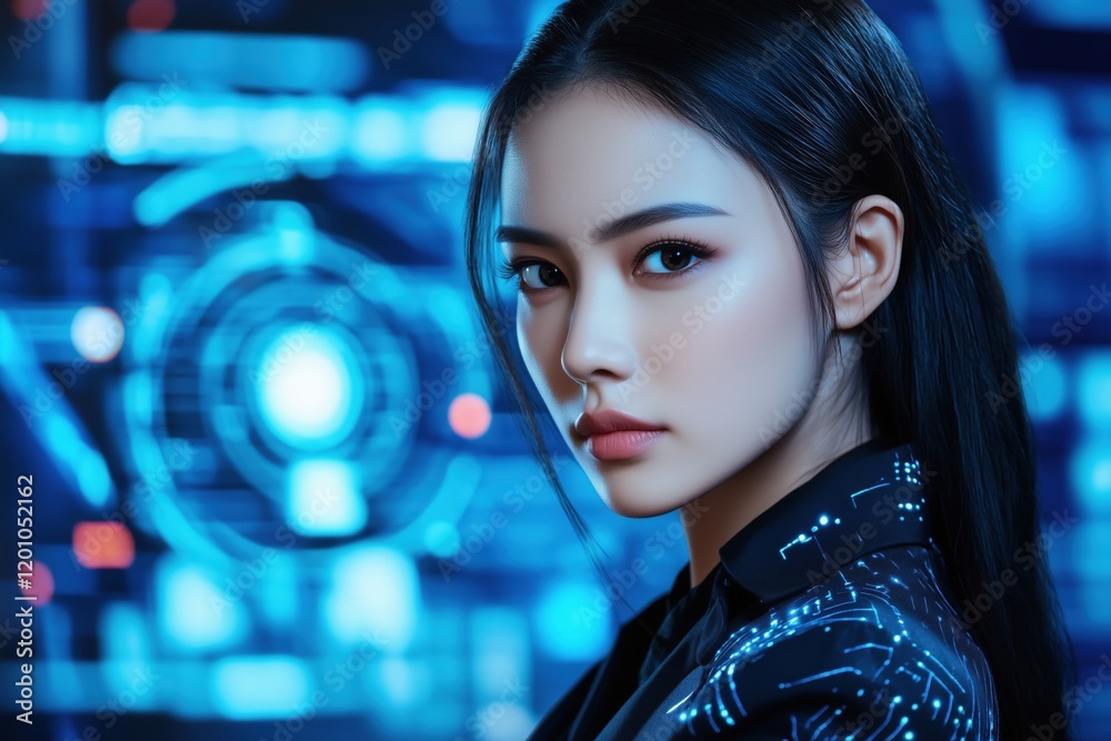 Confident woman in futuristic environment with glowing digital interface. Technology and cybersecurity theme Confident woman in futuristic environment with glowing digital interface. Technology and cybersecurity theme
