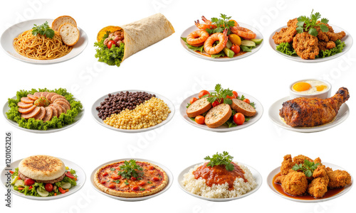 Various plates of food on a transparent background including pasta, a wrap, shrimp, fried chicken, sliced meat, beans, loaf, chicken leg, burger, pizza, rice, and nuggets