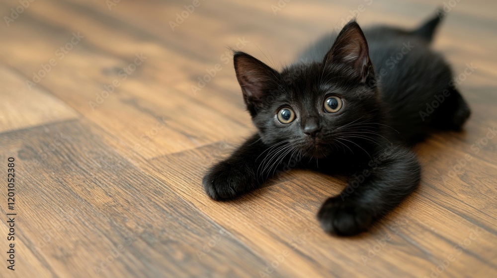 Cute black kitten playing on wooden floor with curious expression Cute black kitten playing on wooden floor with curious expression