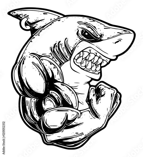 angry shark silhouette illustration isolated on white sketch in black