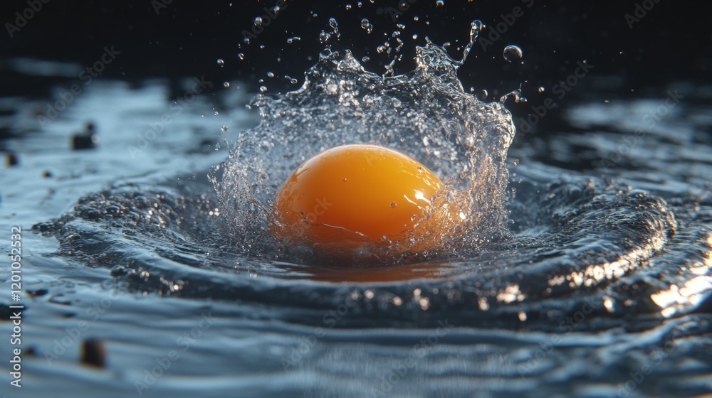 Bright Orange Egg Splashing into Clear Water with Dynamic Ripples Bright Orange Egg Splashing into Clear Water with Dynamic Ripples