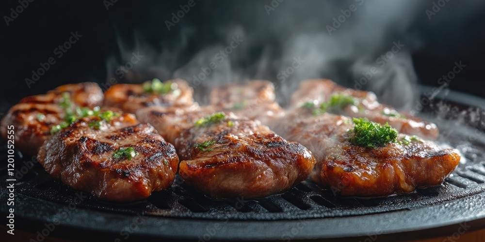 Grilled meat steaks sizzling on a black grill with steam rising and bright green parsley garnish on a dark background Grilled meat steaks sizzling on a black grill with steam rising and bright green parsley garnish on a dark background