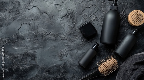 Elegant Black Toiletries and Accessories on Dark Textured Background photo