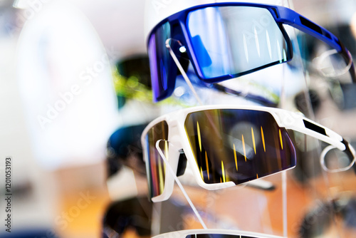 sunglasses are displayed in the store