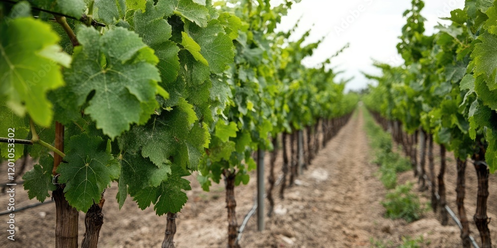 Vibrant green vineyards with lush grapevines aligned in neat rows under a cloudy sky showcasing fertile soil and healthy foliage. Vibrant green vineyards with lush grapevines aligned in neat rows under a cloudy sky showcasing fertile soil and healthy foliage.