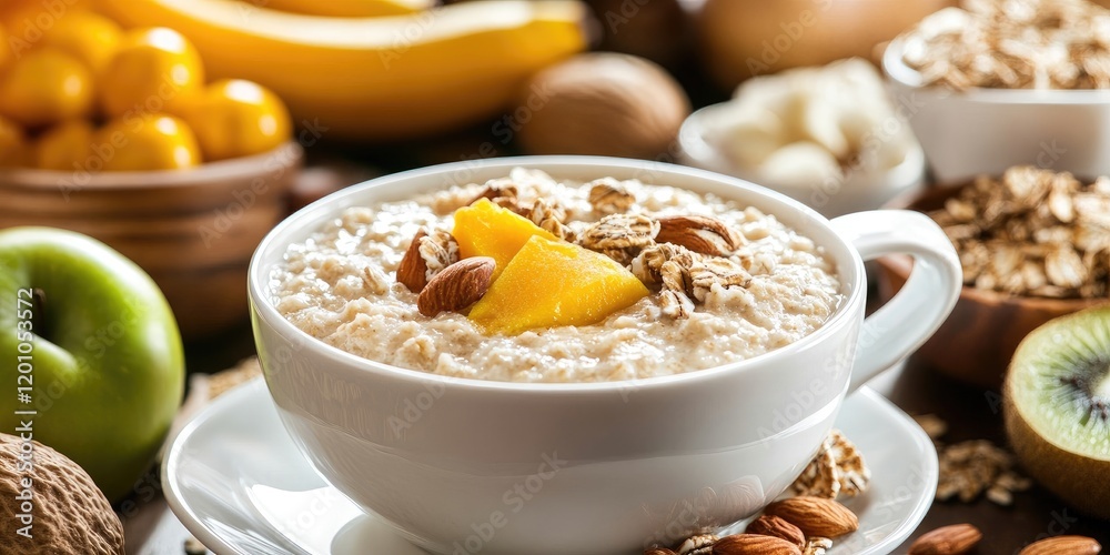Healthy breakfast composition with a white bowl of oatmeal topped with mango and almonds, surrounded by fresh fruits and nuts in warm tones. Healthy breakfast composition with a white bowl of oatmeal topped with mango and almonds, surrounded by fresh fruits and nuts in warm tones.