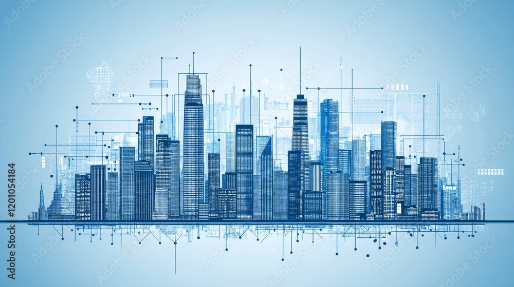 Stylized Skyline of a Futuristic Metropolis, Rendered in Cool Blues