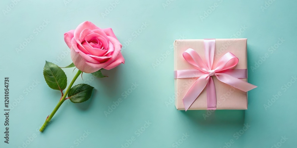 A single pink rose and a blush-colored gift box with a pink ribbon on a light teal background A single pink rose and a blush-colored gift box with a pink ribbon on a light teal background