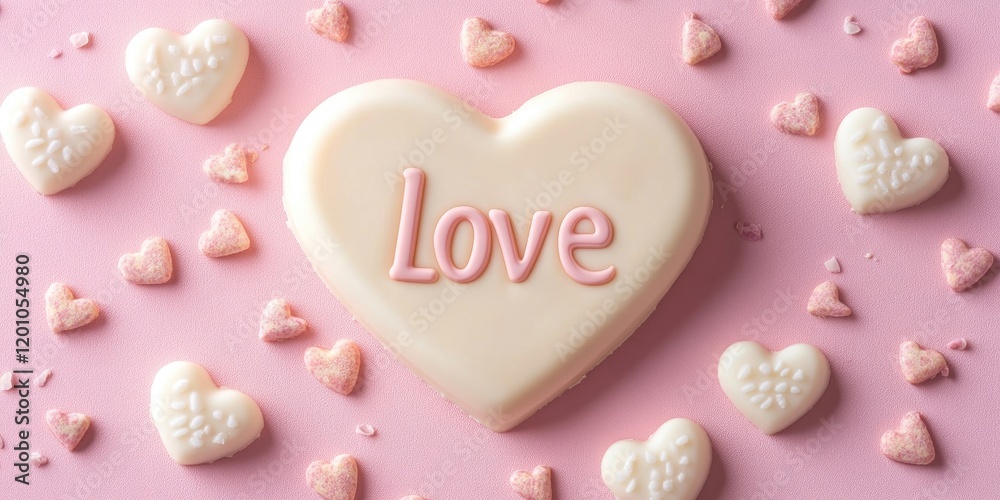 Fototapeta premium Heart-shaped white chocolate with pink lettering on a soft pink background surrounded by smaller white and pink chocolate hearts for Valentine's Day.