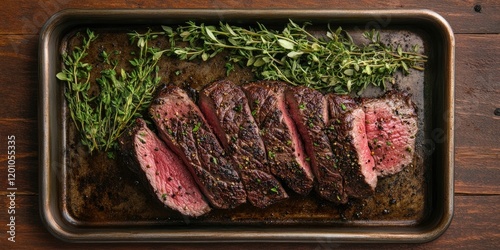 Grilled tri-tip steak slices arranged on a dark tray with fresh green herbs on a wooden backdrop creating ample space for text above view.