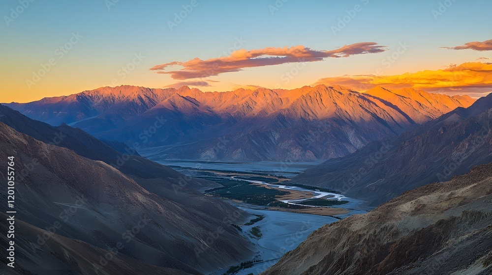 Obraz premium Majestic Mountain Range Sunset Valley River Scene