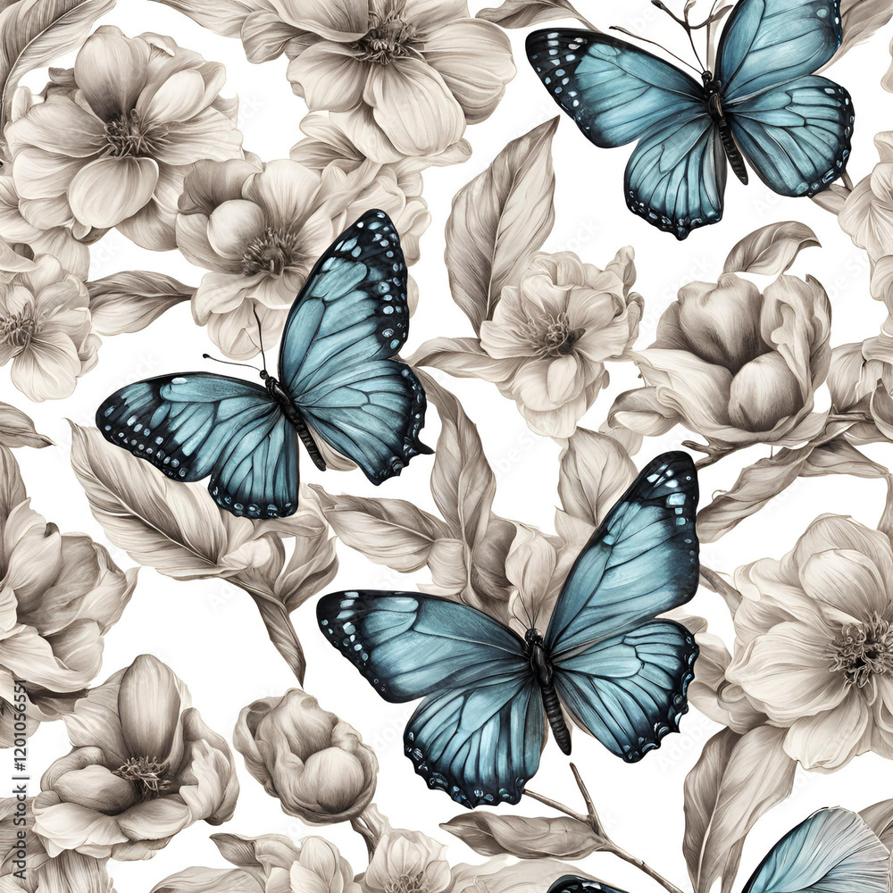 Fototapeta premium A beautiful pattern of delicate butterflies with bright blue wings, surrounded by soft monochrome flowers, creating a graceful and harmonious design.