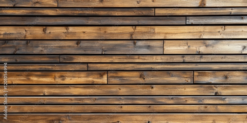 Obraz premium Stylish horizontal brown wooden planks arranged closely together, creating a contemporary textured background with dark and light variations.