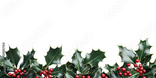 Holly leaves with red berries create a lush green border along the bottom of a bright white background ideal for festive designs. photo