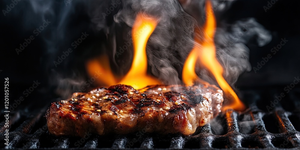 Grilled steak with vibrant flames and wispy smoke on a dark grill background capturing the essence of barbecue cooking and culinary delight Grilled steak with vibrant flames and wispy smoke on a dark grill background capturing the essence of barbecue cooking and culinary delight