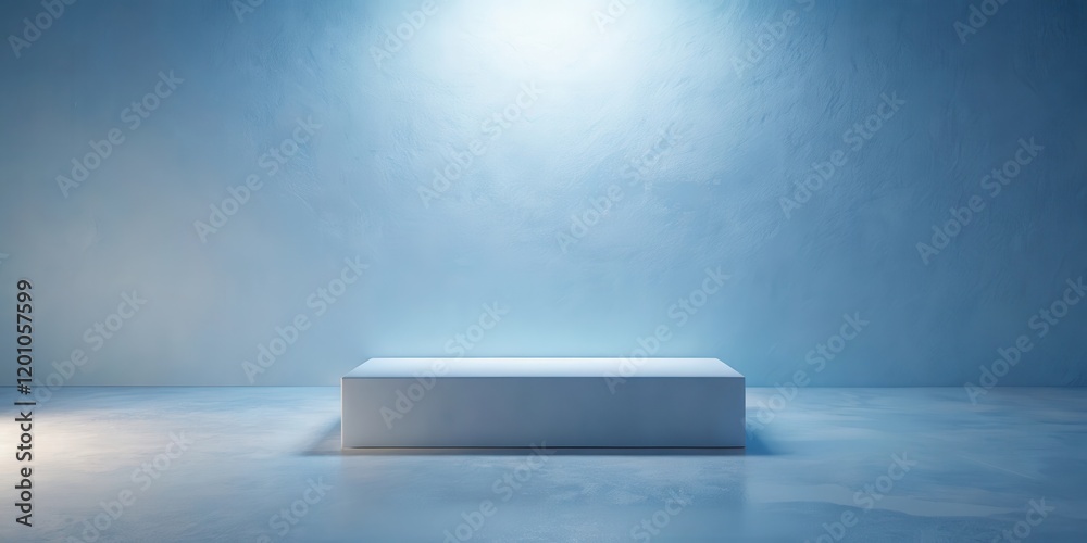 Empty White Cube Display Platform on Light Blue Background Empty White Cube Display Platform on Light Blue Background