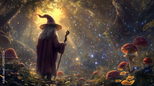 Magic mushrooms and wizard in fantasy forest. Cartoon vector banners with old sorcerer and magic fungi in fairy wood. Cards with strange unusual fairytale plants, alien nature and magician with wand