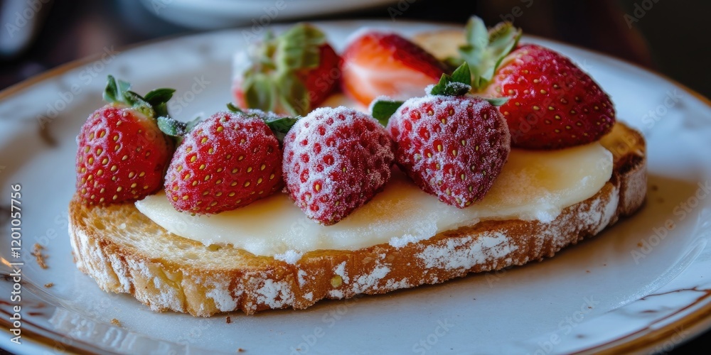 Open-faced sandwich with creamy cheese and frozen strawberries on light brown toasted bread, garnished with fresh green strawberry leaves. Open-faced sandwich with creamy cheese and frozen strawberries on light brown toasted bread, garnished with fresh green strawberry leaves.