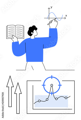 Person holding book while drawing a graph, with arrows and a data chart. Ideal for education, analytics, teaching, data-driven decision-making, growth concepts, business strategy, abstract line flat