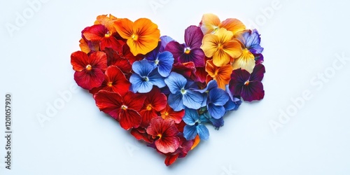 Vibrant heart shape created with assorted flower petals in red, orange, purple, and blue on a light background for Valentine's Day celebration.
