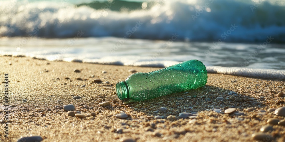 Green plastic bottle washed up on sandy beach with gentle waves in background highlighting environmental concerns about pollution and waste Green plastic bottle washed up on sandy beach with gentle waves in background highlighting environmental concerns about pollution and waste
