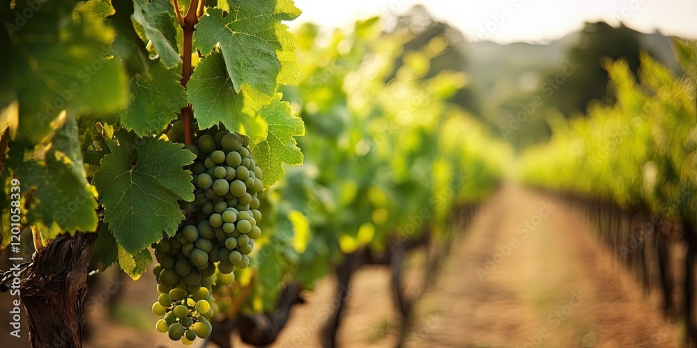 Fototapeta premium Vast vineyard landscape showcasing rows of lush green grapevines with clusters of green grapes hanging prominently under soft sunlight.