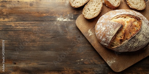 Homemade rye bread on a wooden cutting board with slices arranged beside it. Warm brown tones and ample copy space on the left. photo