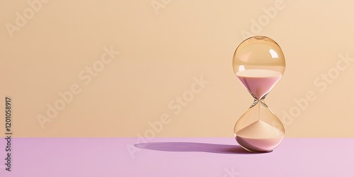 Elegant hourglass with pink sand on a violet table against a light beige background symbolizing the passage of time and menopause concept photo