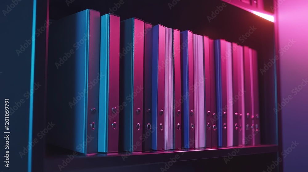 Fototapeta premium Binders aligned on shelf; blue and pink lighting.
