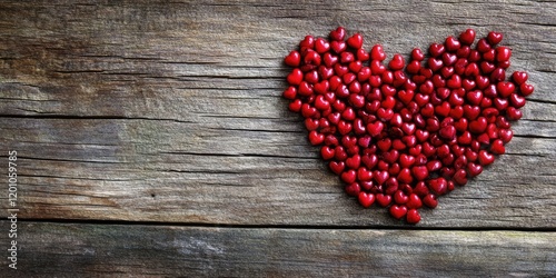 Red heart-shaped beads intricately arranged on a weathered wooden surface, captured from above, emphasizing a vintage aesthetic.