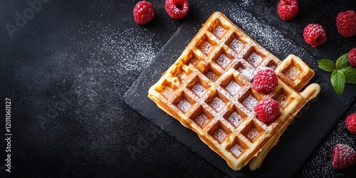 Handcrafted waffles dusted with powdered sugar and fresh raspberries on a black slate background from a top-down view with ample negative space