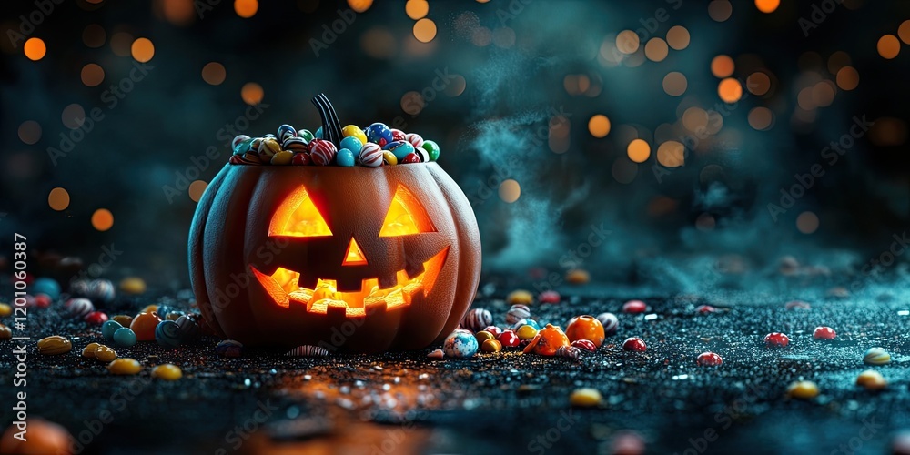 Naklejka premium Halloween Jack o Lantern glowing with candy inside centered on dark backdrop surrounded by colorful scattered sweets and soft foggy atmosphere