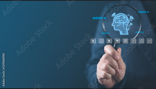 Experience the connection between humans and robots as a businessman engages with agentic AI through a screen, focusing on the development of innovative systems and intelligent automation