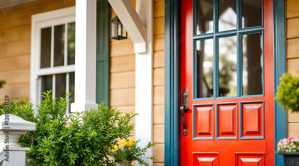 Obraz premium Vibrant Red Front Door of a Charming House: Real Estate Photography