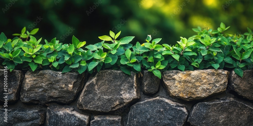 Lush green plant with vibrant leaves cascading over a rustic stone wall in natural lighting against a blurred green background. Lush green plant with vibrant leaves cascading over a rustic stone wall in natural lighting against a blurred green background.