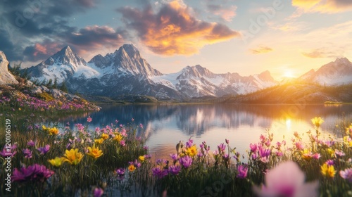 A breathtaking mountain landscape at sunrise, with golden light illuminating snow-capped peaks, a pristine lake reflecting the scenery, and vibrant wildflowers in the foreground